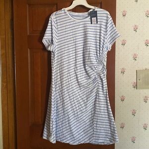 White dress with blue stripes. Short sleeve side ruching
